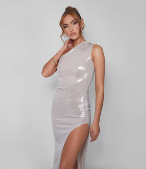 One Shoulder Ruched Metallic Midi Dress With Split Champagne