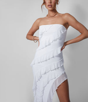 Frill Detail Asymmetric Midaxi Dress White