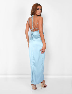 Satin Cut Out Strappy Maxi Dress Blue