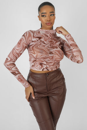 Printed Mesh Ruched Front Crop Top Brown