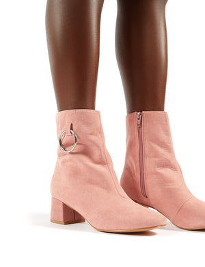 Aruba Low Heel Ring Detail Ankle Boots in Blush Pink Faux Suede