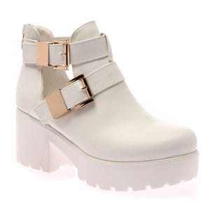 Pip White PU Cut Out Double Buckle Boots