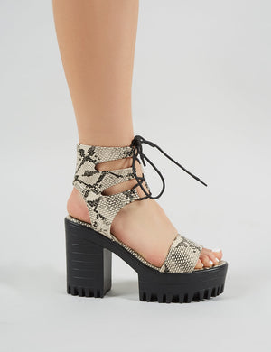 Hailey Lace Up Chunky Heels in Faux Snakeskin