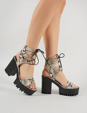 Hailey Lace Up Chunky Heels in Faux Snakeskin