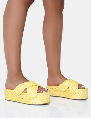 Kos Yellow Raffia Cross Over Strap Slip On Flatform Sandals