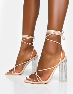 Clara Nude Pu Strappy Lace Up Round Toe Clear Perspex Heels