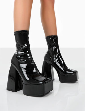 Own Thing Black Patent Chunky Square Toe Platform Heel Ankle Boots