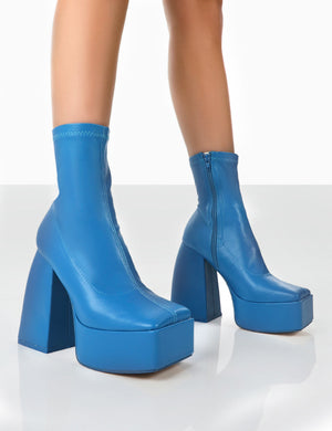 Own Thing Blue PU Chunky Square Toe Platform Heel Ankle Boots