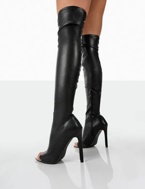 Stand Down Black Pu Open Toe Zip Up Over The Knee Heeled Boots