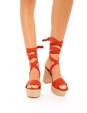Layla Rust Faux Suede Espadrille Lace Up Block Heels