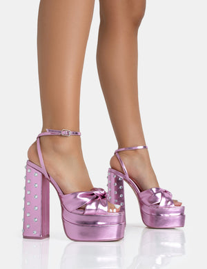 Magnum Pink Metallic PU Knot Strap Platform Diamante Block Heels