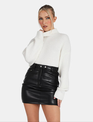 Button Waist Pu Mini Skirt Black