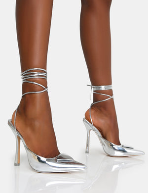 Vada Silver Mirror Slingback Lace Up Pointed Court Stiletto Heels