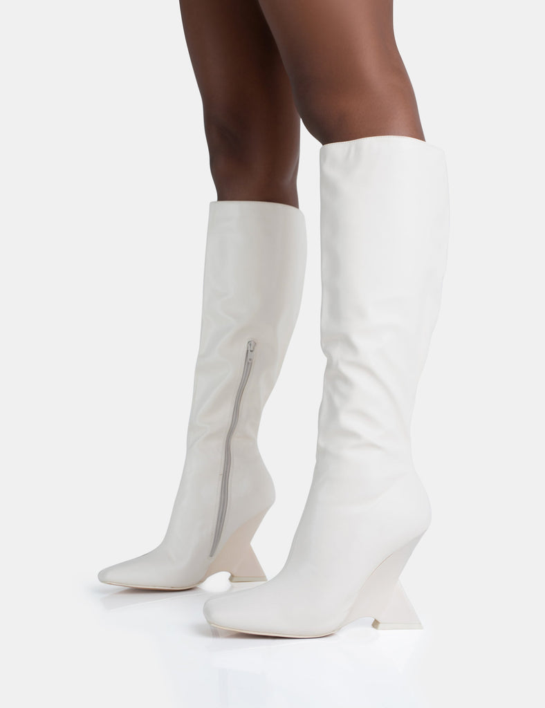 Boots Inverted Vanessa Ecru PU Inverted Wedge Square Toe Heeled Knee High Boots ...