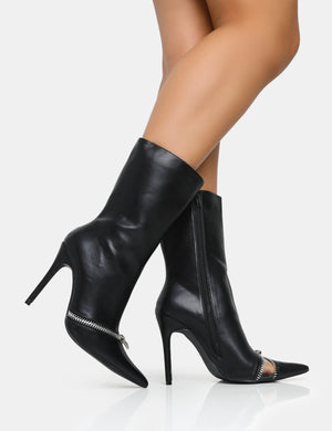 Pitstop Black Pu Zip Detail Pointed Toe Stiletto Heel Ankle Boots