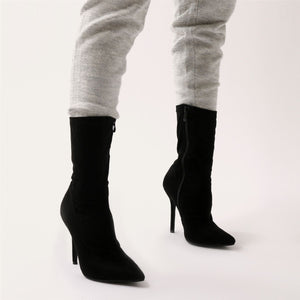 Direct Pointy Sock Boots in Black Faux Suede