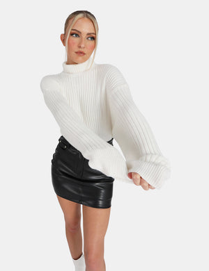 HIGH NECK CONSTRAST STITCH RIBBED KNITTED OVERSIZED JUMPER IVORY