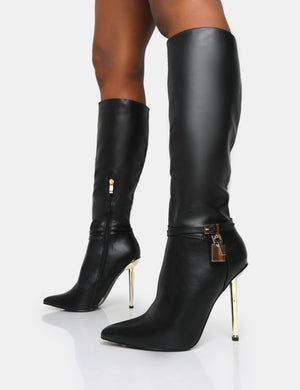 Jayden Black Pu Padlock Detail Pointed Toe Gold Stiletto Heel Knee High Boots