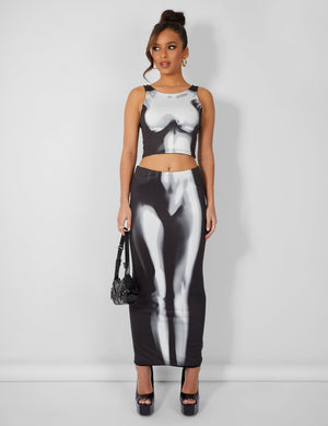 Body Heat Print Slinky Midaxi Skirt Black