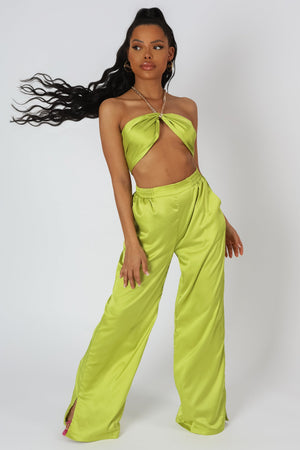 Wide Leg Satin Trousers Lime