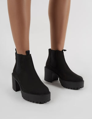 Melia Heeled Chlesea Boots in Black Faux Suede