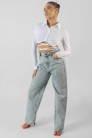 Strappy Tie Waist Cropped Polo Shirt White