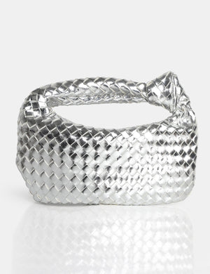The Blame Metallic Silver Mirror Woven PU Knot Detail Mini Grab Bag