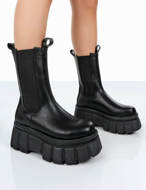 Delmz Black Pu Chunky Sole Ankle Boots