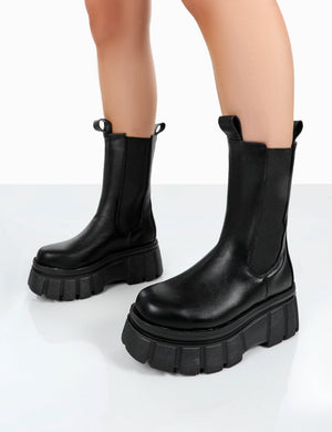Delmz Black Pu Chunky Sole Ankle Boots
