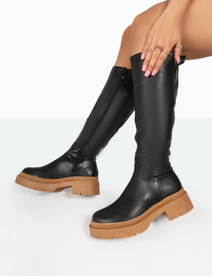 Jersey Black Pu Contrasting Chunky Sole Knee High Boots