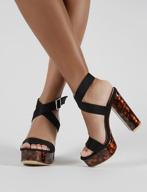 Robyn Tortoiseshell Platform Block Heels in Black Faux Suede