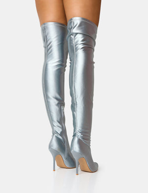 INSTINCT SILVER LYCRA POINTED TOE STILETTO THIGH HIGH BOOTS