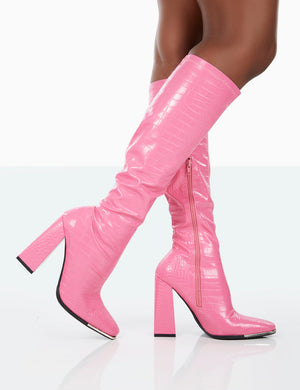 Caryn Pink Croc PU Knee High Heeled Boots