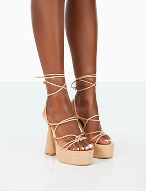 Giana Nude Pu Strappy Lace Up Block Heels