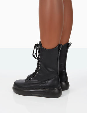 Travis Black Pu Lace Up Chunky Sole Boots