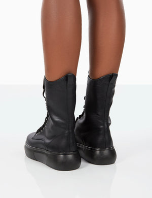 Travis Black Pu Lace Up Chunky Sole Boots