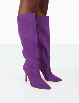 Best Believe Purple Faux Suede Pointed Toe Heeled Knee High Boots
