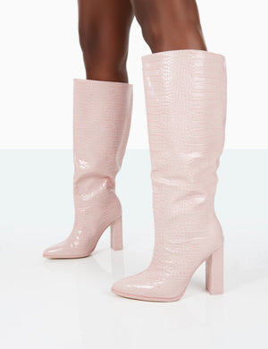 Posie Wide Fit Baby Pink Croc PU Knee High Block Heel Boots