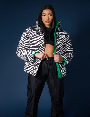 REVERSIBLE QUILTED PUFFER GREEN AND ZEBRA