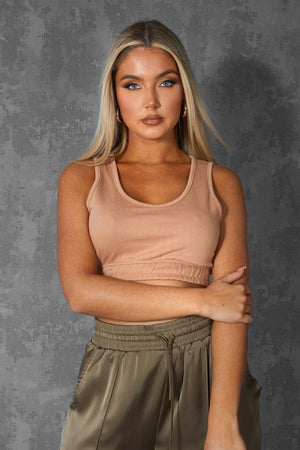 Elasticated Waist Sweat Scoop Neck Crop Top Camel