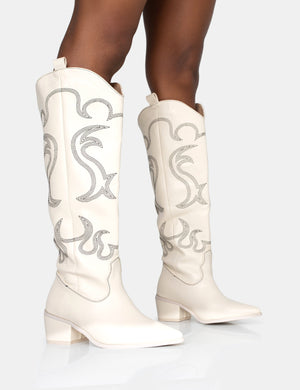 Cooper Ecru PU Western Embroidered Knee High Cowboy Boot