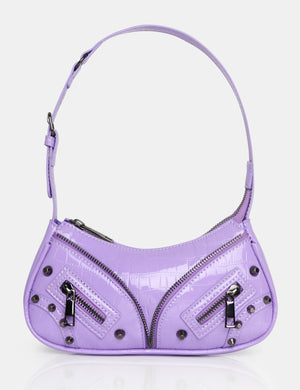 The Candice Zip Detailed Lilac Croc Shoulder Bag