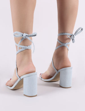 Mia Lace Up Block Heeled Sandals in Lightwash Denim