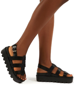 Coco Black Pu Triple Strap Gladiator Platform Sandals