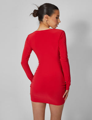 Cowl Neck Long Sleeve Mini Dress Red