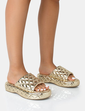 Mykonos Gold Flatform Quilted Slider Sandals
