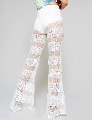 White Crochet Lace Flared Trousers