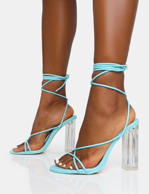 Clara Blue Pu Strappy Lace Up Round Toe Clear Perspex Heels