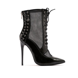 Eshal Lace Up Mesh Detail Pointed Toe Ankle Boots in Black Patent