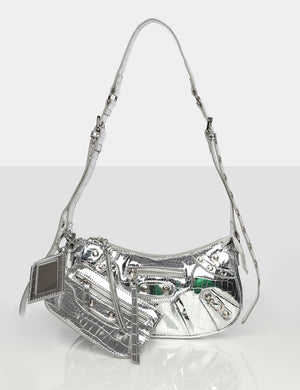 The Trackstar Metallic Silver Croc Pu Studded Mirror Zip Detail Handbag